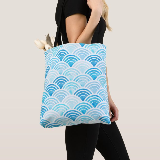 Blue Watercolor Seigaiha Waves Pattern Tote Bag (Close Up)