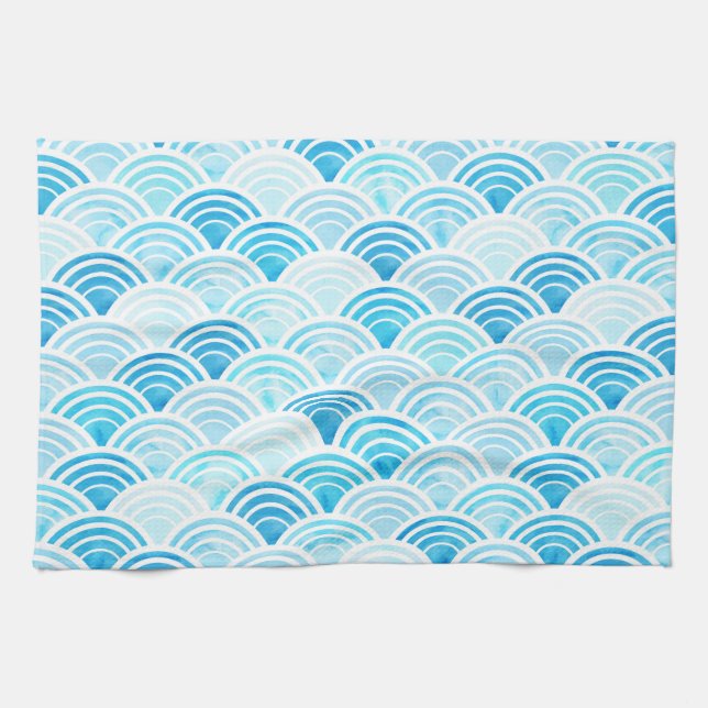 Blue Watercolor Seigaiha Waves Pattern Towel (Horizontal)