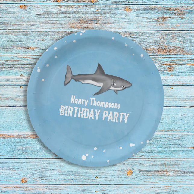 Blue Watercolor Shark Birthday Party Paper Plates (Creator Uploaded)