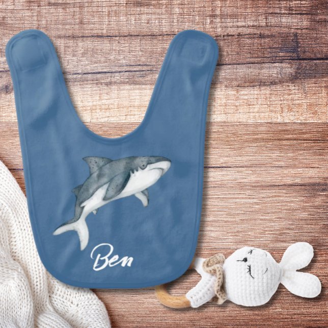 Blue Watercolor Shark Custom Name Baby Bib (Creator Uploaded)