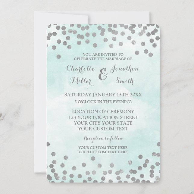 Blue Watercolor Silver Confetti Wedding Invites (Back)