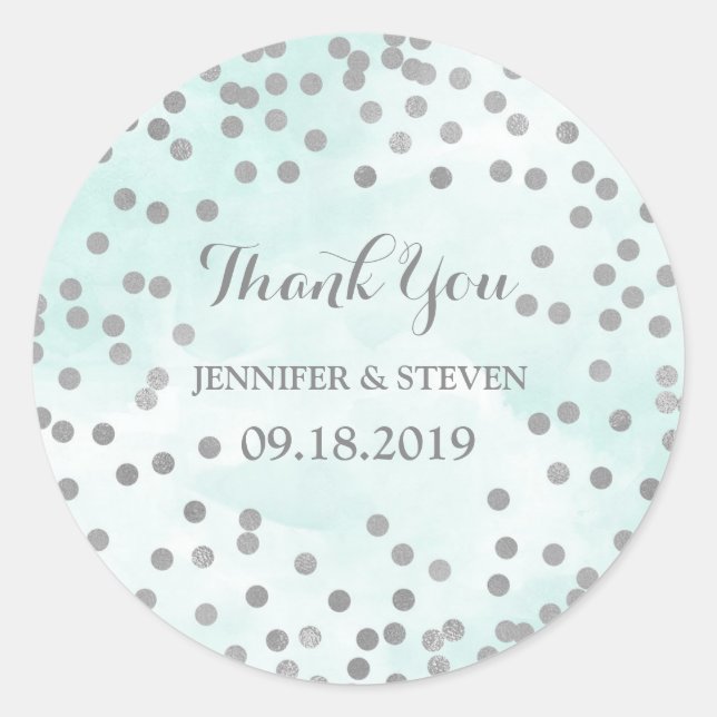 Blue Watercolor Silver Confetti Wedding Label (Front)