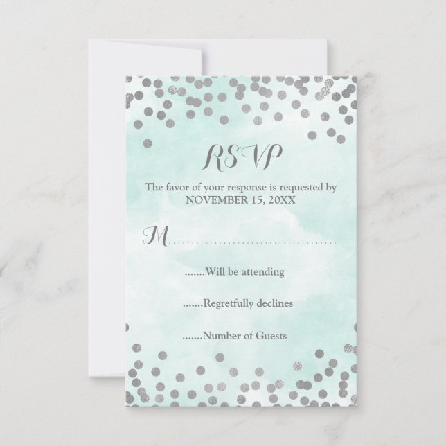 Blue Watercolor Silver Confetti Wedding RSVP (Front)