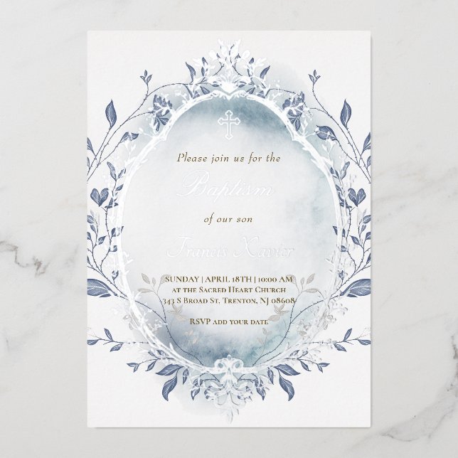 blue watercolor silver frame winter Baptism  Foil Invitation (Front)