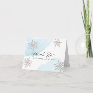 Blue Watercolor Silver Snowflakes Baby Shower Thank You Card
