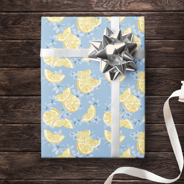 Blue Watercolor Sliced Lemons and Flowers Wrapping Paper (Stunning Watercolor Lemon Slices and Blue Floral Flower Wrapping Paper)
