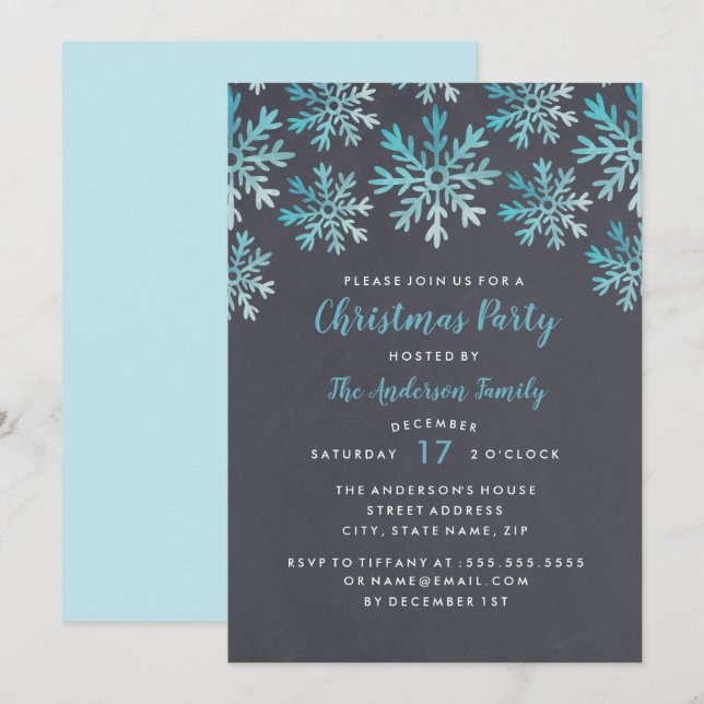 Blue Watercolor Snowflake Christmas Party Invitation (Front/Back)