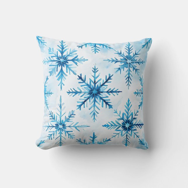 Blue Watercolor Snowflake Throw Pillow (Front)