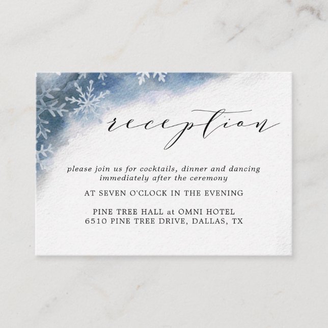 Blue Watercolor Snowflake Wedding Reception Cards (Front)