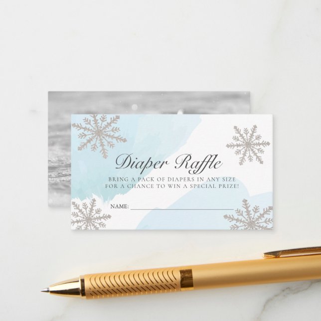 Blue Watercolor Snowflakes Diaper Raffle Ticket Enclosure Card (Front/Back In Situ)