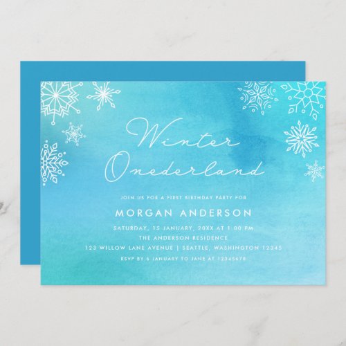 Blue Watercolor Snowflakes First Birthday Party Invitation