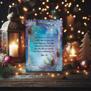 Blue Watercolor Snowflakes John 3:16 Christian Holiday Card