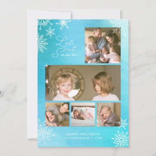 Blue Watercolor Snowflakes Let it Snow Photo Holiday Card