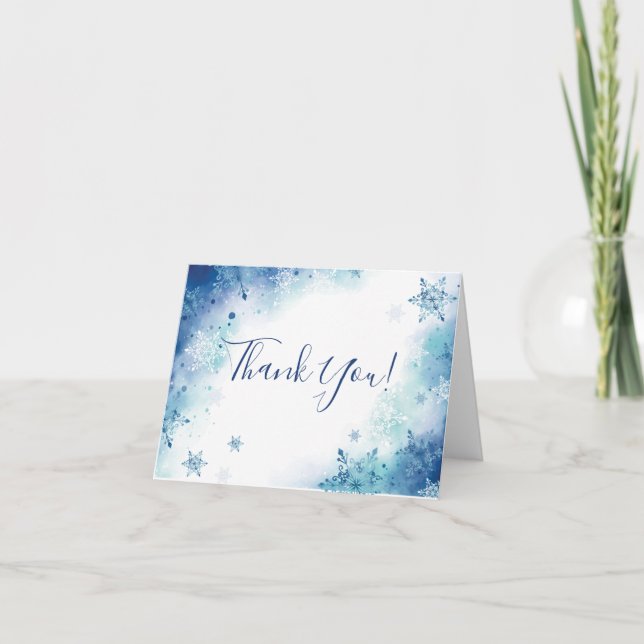 Blue Watercolor Snowflakes Shower Thank You Card (Front)