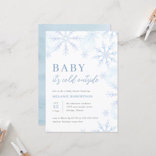 Blue Watercolor Snowflakes Winter Boy Baby Shower Invitation