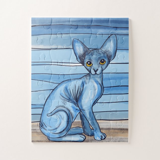 Blue Watercolor Sphynx Cat Jigsaw Puzzle (Vertical)