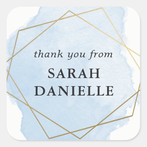 Blue Watercolor Splash Gold Frame Thank you Favor  Square Sticker