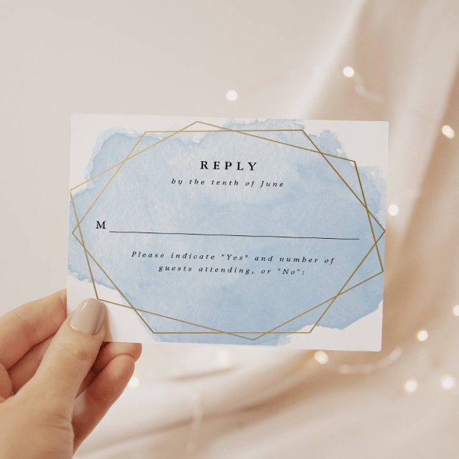 Blue Watercolor Splash, Gold Geo Frame Reply Card (Creator Uploaded)