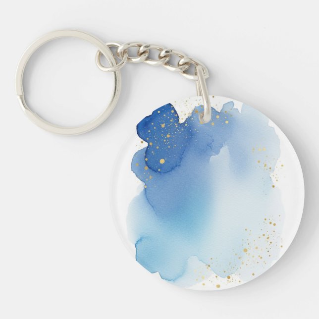Blue Watercolor Splash with Gold Glitter Dots Keychain (Front)