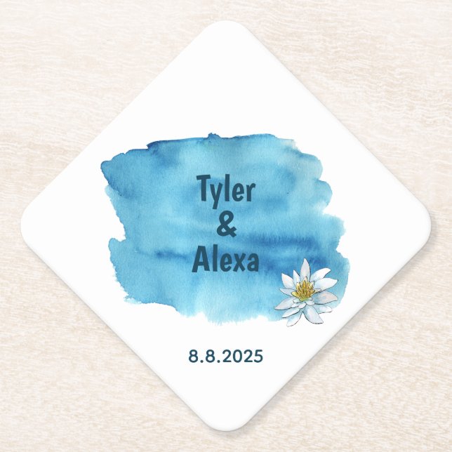 blue watercolor splash with water lily paper coaster (Front)