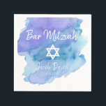 Blue Watercolor Star of David Bar Mitzvah Napkins<br><div class="desc">Perfect modern cocktail disposable paper napkins in blue turquoise watercolor design with white Star of David.  Bar Mitzvah or Bat Mitzvah easy to personalize by adding name and option date.</div>