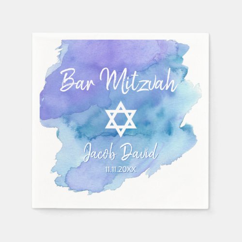 Blue Watercolor Star of David Bar Mitzvah Napkins