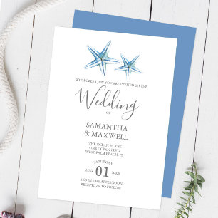Blue Watercolor Starfish Beach Wedding Invitation