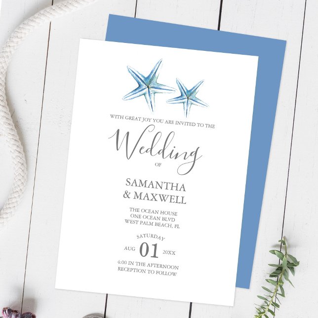 Blue Watercolor Starfish Beach Wedding Invitation (Best websites to order customizable beach wedding invitations Do Tell A Belle )
