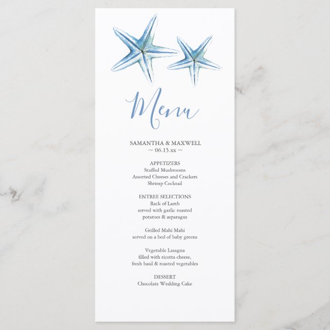 Blue Watercolor Starfish Beach Wedding Menu Card (Front)