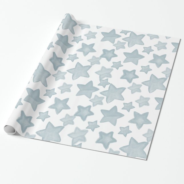 Blue Watercolor Stars Wrapping Paper (Unrolled)