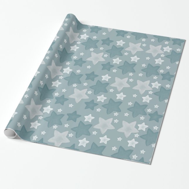 Blue Watercolor Stars Wrapping Paper (Unrolled)