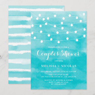 Blue Watercolor | String Lights Couples Shower Invitation
