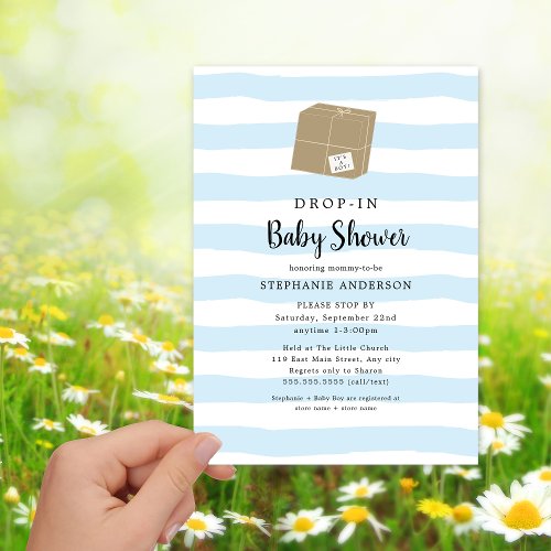 Blue Watercolor Stripe DROP_IN Boy Baby Shower Invitation