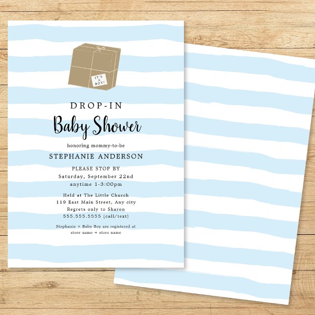 Blue Watercolor Stripe DROP-IN Boy Baby Shower Invitation (Creator Uploaded)