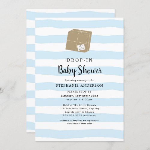 Blue Watercolor Stripe DROP_IN Boy Baby Shower Invitation