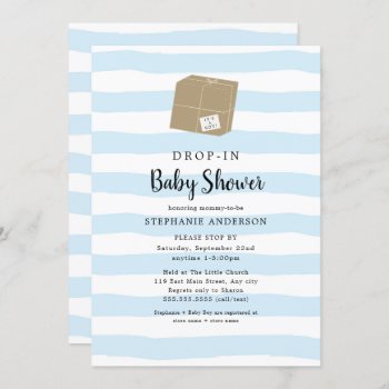Blue Watercolor Stripe Drop-in Boy Baby Shower Invitation by lemontreecards at Zazzle