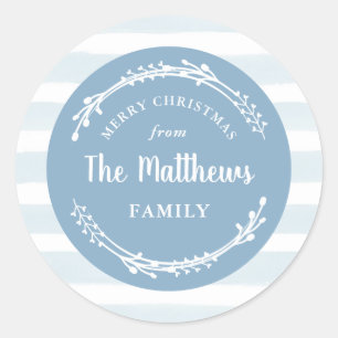 Blue Watercolor Stripe Round Christmas Gift Tags