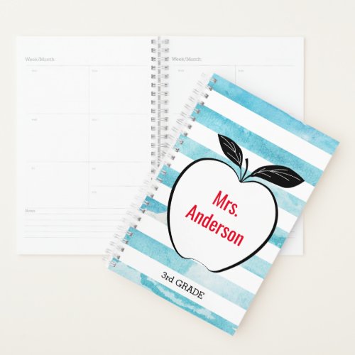 Blue Watercolor Stripes and Apple for Teacher Planner