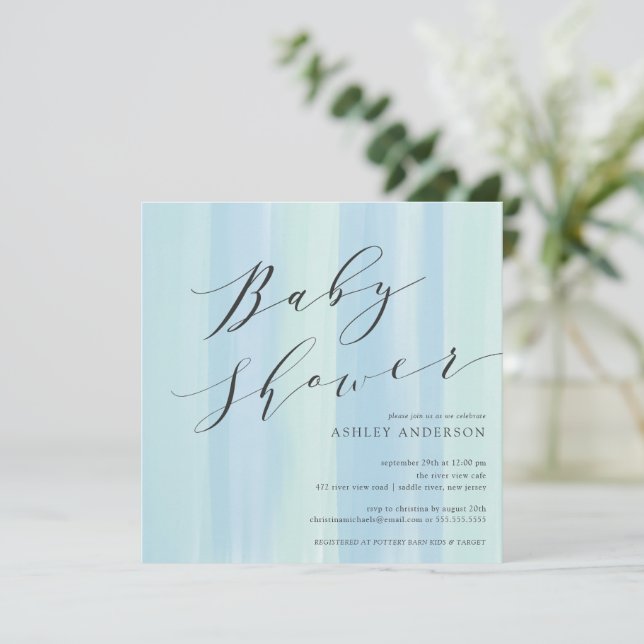 Blue Watercolor Stripes Baby Shower Invitation (Standing Front)