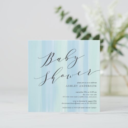Blue Watercolor Stripes Baby Shower Invitation