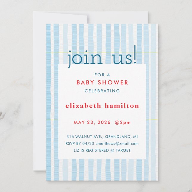 Blue Watercolor Stripes Baby Shower Invitation (Front)