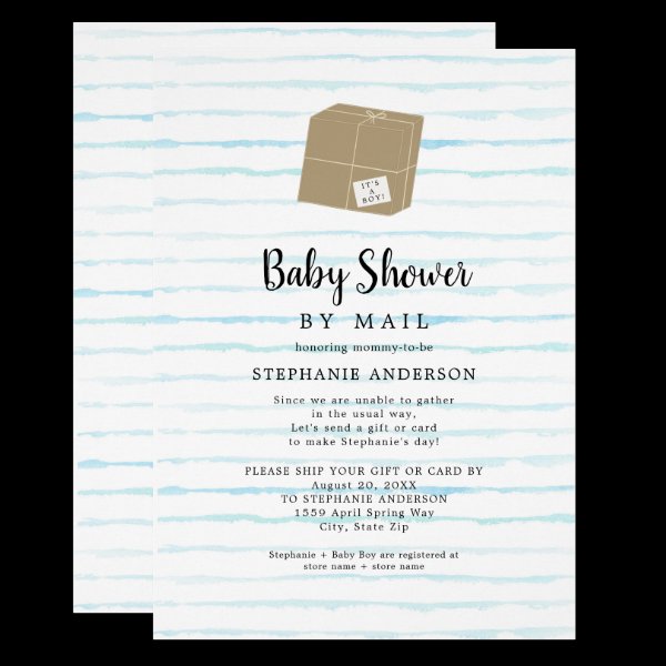 Blue Watercolor Stripes Boy Baby Shower by mail Invitation