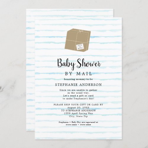 Blue Watercolor Stripes Boy Baby Shower by mail Invitation