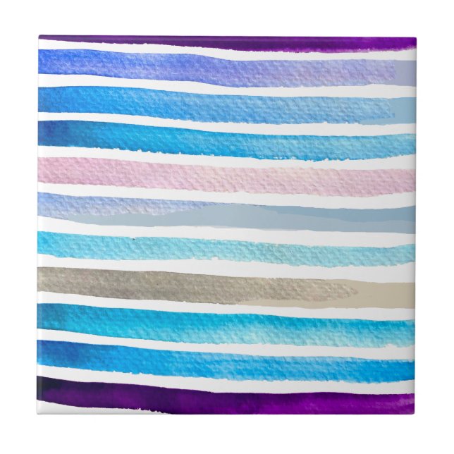 Blue watercolor stripes hand painted ceramic tile (Front)