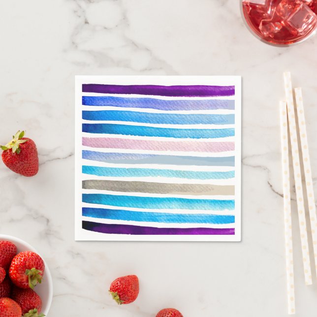 Blue watercolor stripes hand painted napkins (Insitu)