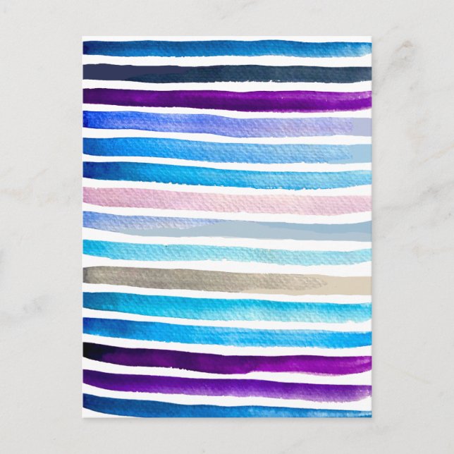 Blue watercolor stripes hand painted postcard (Front)
