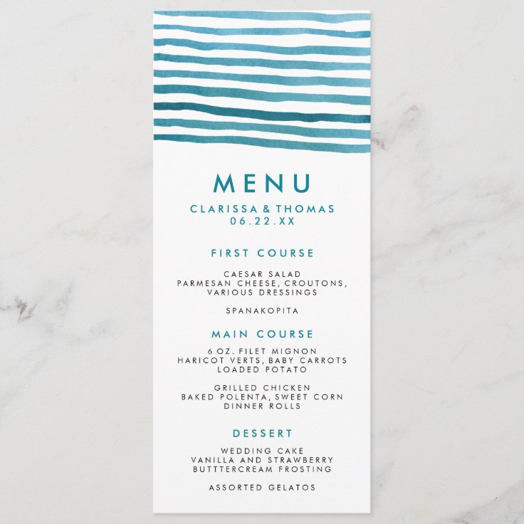 Blue Watercolor Stripes Menu Card Zazzle