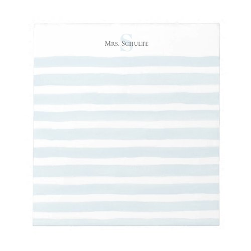Blue Watercolor Stripes Teacher Name Monogram Notepad