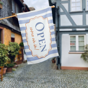 Blue Watercolor Stripes Wavy Frame Open House Flag