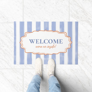 Blue Watercolor Stripes Wavy Frame Welcome Doormat